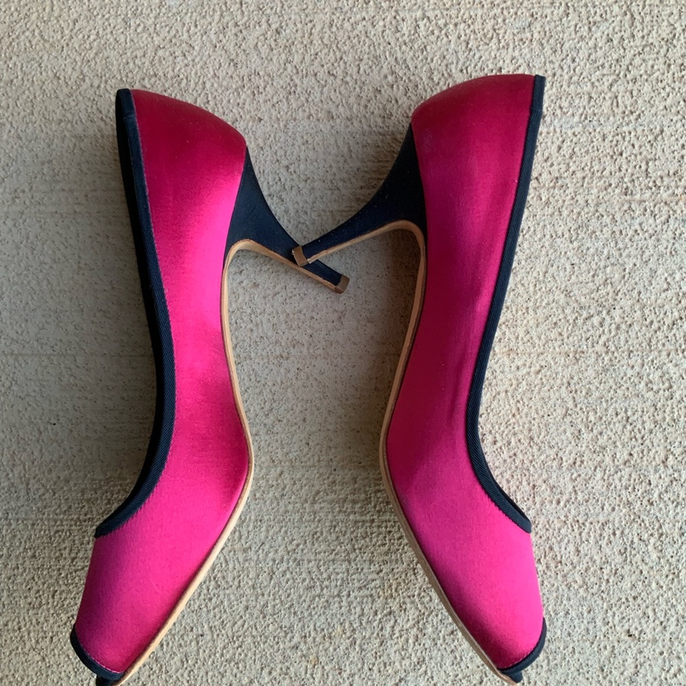 GIUSEPPE ZANOTTI Pink Black Satin Women's Peep Toe Pumps Heels Size 10 - Picture 9 of 15